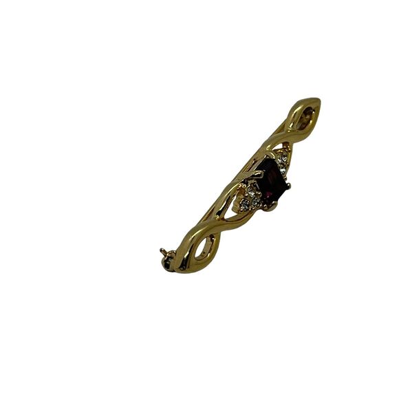 Bar Brooch Gold Tone Red and Clear Stones Vintage Secretary Librarian Retro Chic - Picture 2 of 15
